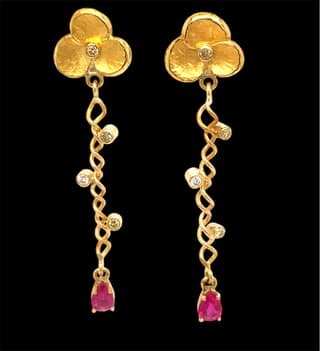 Elizabeth McDevitt Diamond and Ruby in 18K Hammered Yellow Gold Dangle Earrings