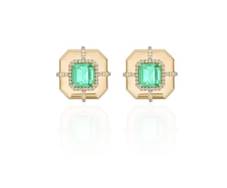 Goshwara G-One Emerald and Diamond in 18K Polished Yellow Gold Post Earrings