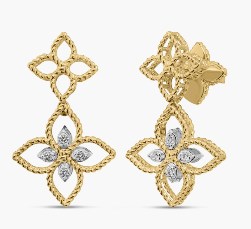 Roberto Coin Princess Flower Diamond in 18K Polished Yellow Gold Drop Earrings