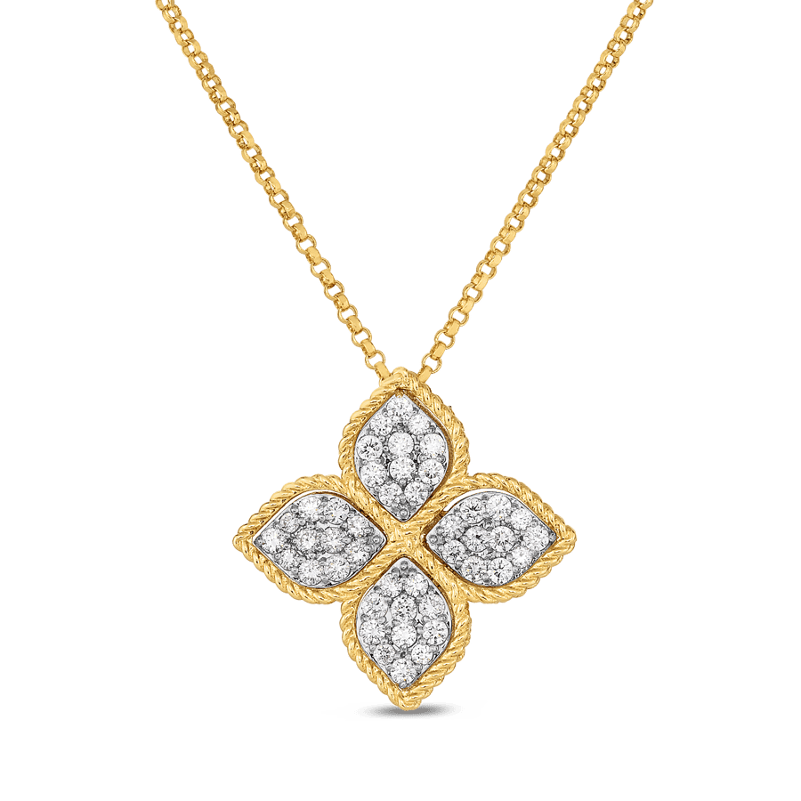 Roberto Coin Princess Flower Diamond 18K Polished Yellow Gold Pendant Necklace