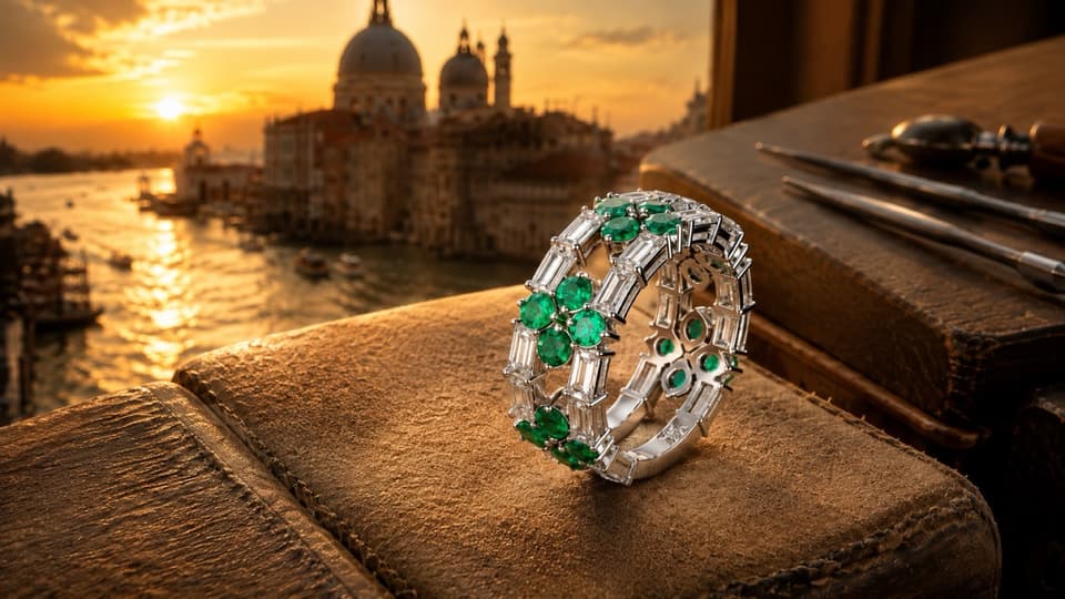 Emerald and diamond ring on a leather case at sunset
