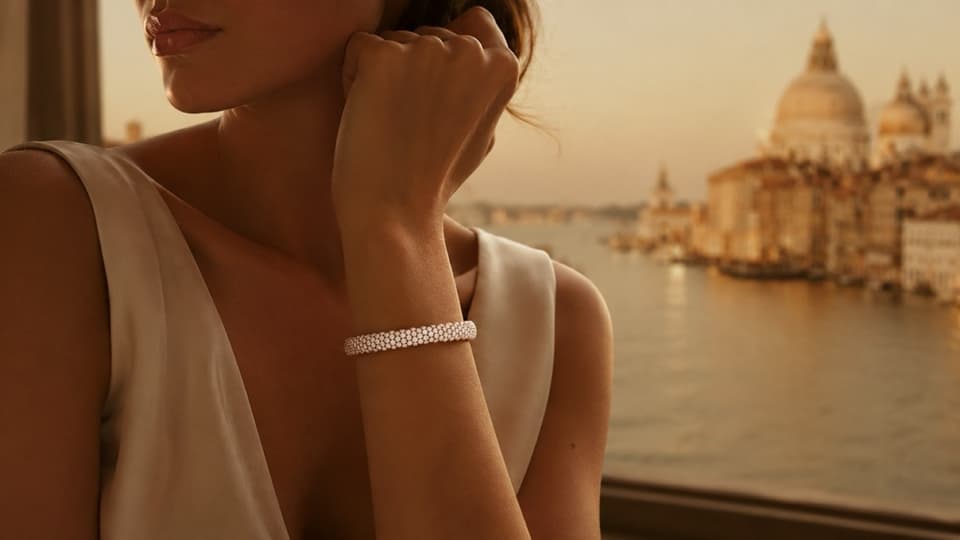 Pavé diamond bracelet worn at the wrist