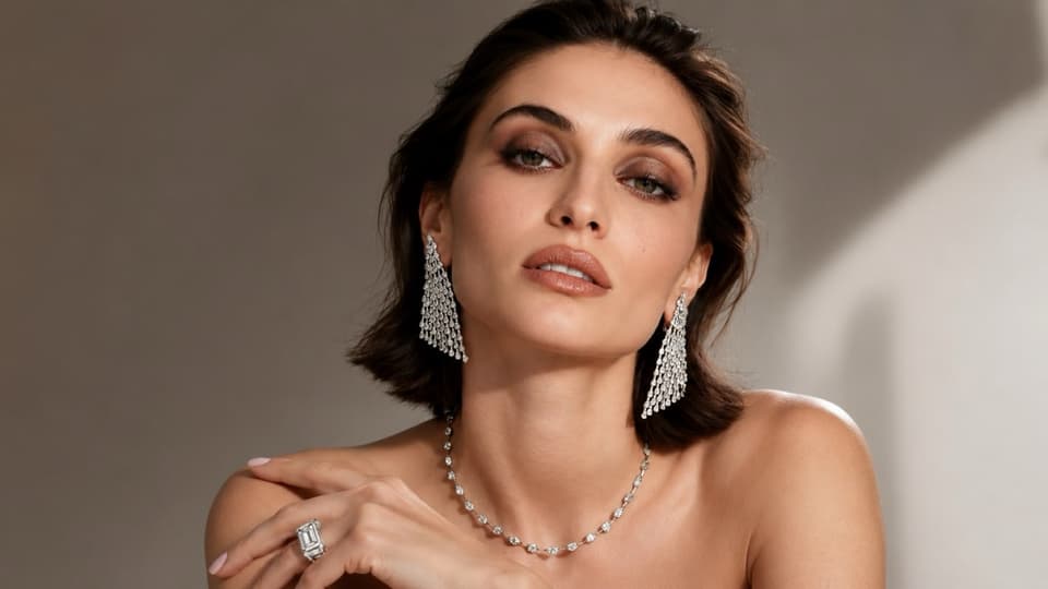 Model wearing diamond chandelier earrings and a diamond line necklace