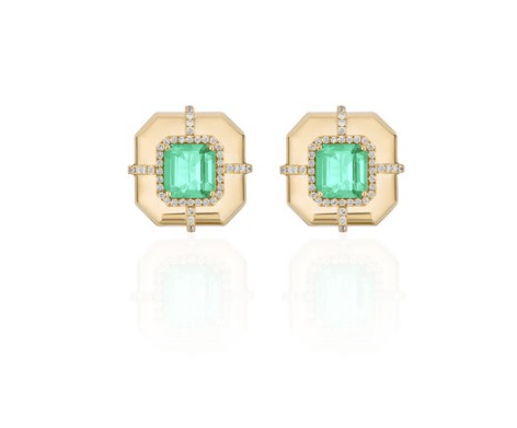 Goshwara G-One Emerald and Diamond in 18K Polished Yellow Gold Post Earrings