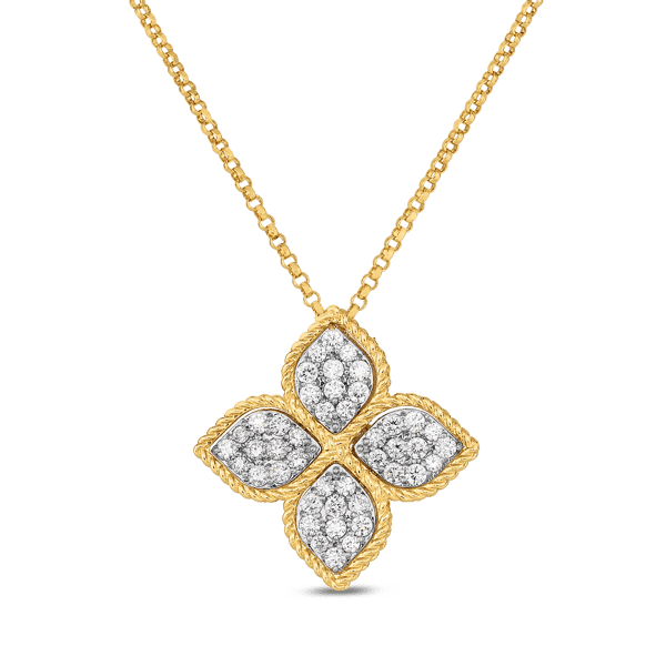 Roberto Coin Princess Flower Diamond 18K Polished Yellow Gold Pendant Necklace