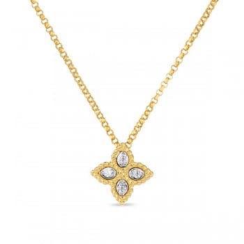 Roberto Coin Princess Flower Diamond 18K Polished Yellow Gold Pendant Necklace